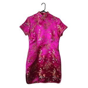 TANG YI Pink Brocade Dragon Cheongsam Mini Dress Y2K Size 40